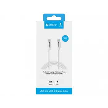 Sandberg USB-C laadimiskaabel 1M, 65W, 1 m, USB C, USB C, USB 3.2 Gen 1 (3.1 Gen 1), valge