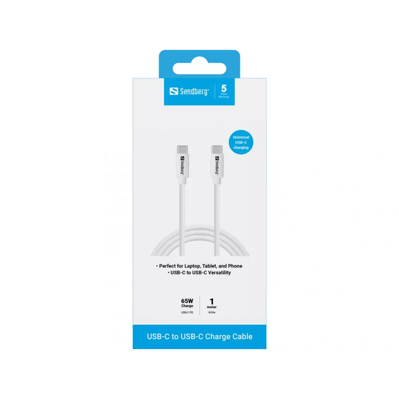 Sandberg USB-C laadimiskaabel 1M, 65W, 1 m, USB C, USB C, USB 3.2 Gen 1 (3.1 Gen 1), valge