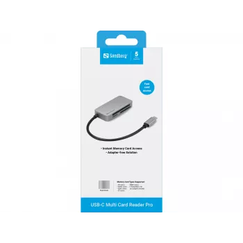 Sandberg USB-C Multi Card Reader Pro, CF, MMC, MicroSD (TransFlash), SD, SDHC, SDXC, xD, must, USB 3.2 Gen 1 (3.1 Gen 1) Type-C, 1 tk, 82 mm, 23 mm