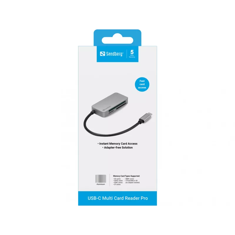 Sandberg USB-C Multi Card Reader Pro, CF, MMC, MicroSD (TransFlash), SD, SDHC, SDXC, xD, must, USB 3.2 Gen 1 (3.1 Gen 1) Type-C, 1 tk, 82 mm, 23 mm