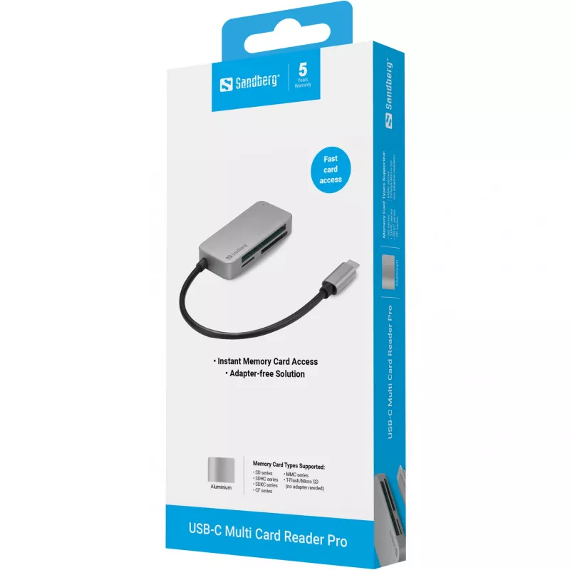Sandberg USB-C Multi Card Reader Pro, CF, MMC, MicroSD (TransFlash), SD, SDHC, SDXC, xD, must, USB 3.2 Gen 1 (3.1 Gen 1) Type-C, 1 tk, 82 mm, 23 mm