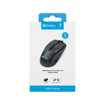 Sandberg USB-C hiir, mõlemakäeline, optiline, USB-tüüp C, 1200 DPI, must