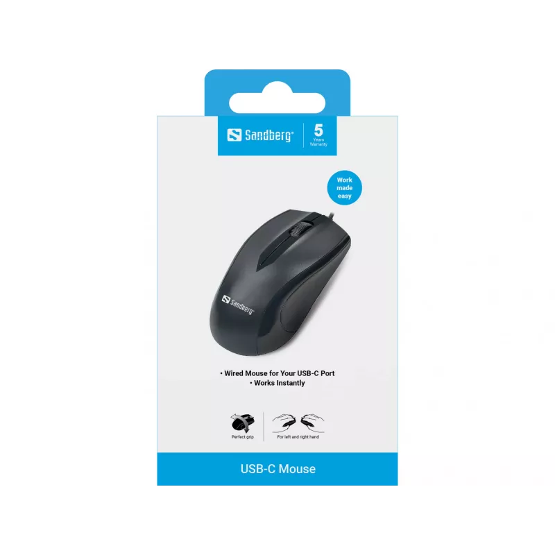 Sandberg USB-C hiir, mõlemakäeline, optiline, USB-tüüp C, 1200 DPI, must