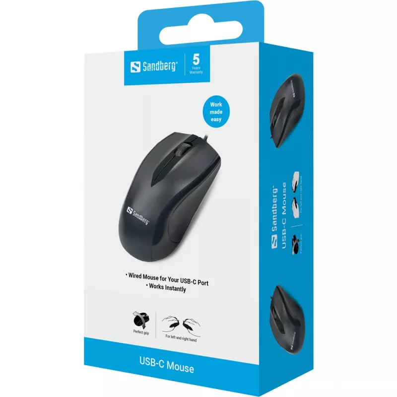 Sandberg USB-C hiir, mõlemakäeline, optiline, USB-tüüp C, 1200 DPI, must