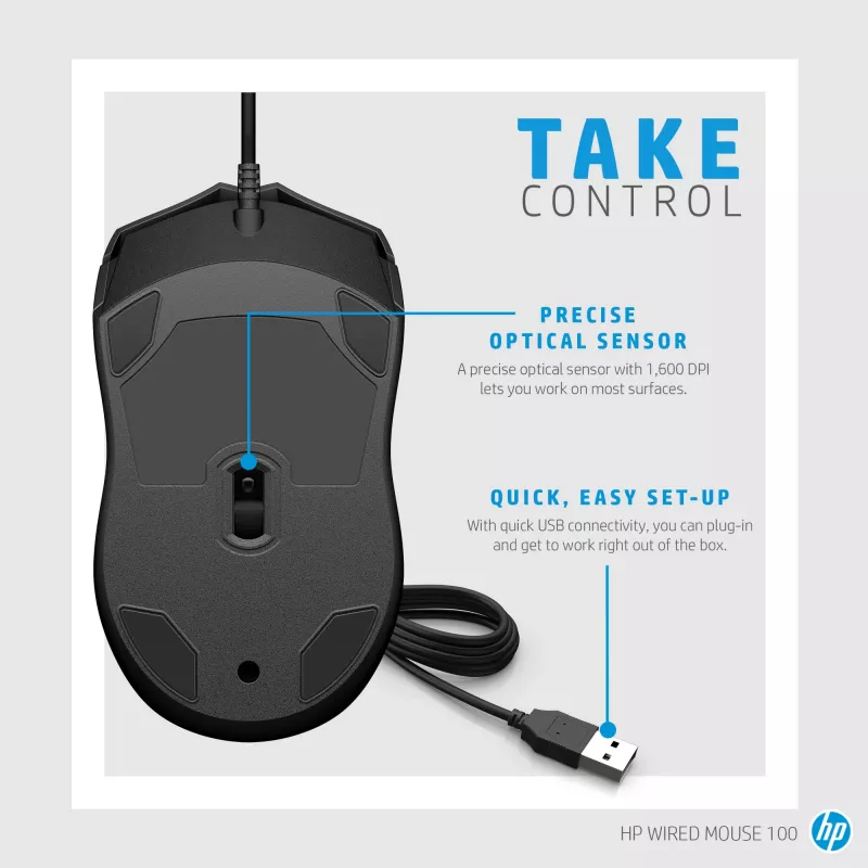 HP Wired hiir 100, Mõlemakäeline, Optiline, USB Type-A, 1600 DPI, Must