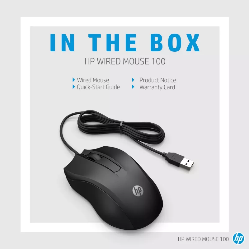 HP Wired hiir 100, Mõlemakäeline, Optiline, USB Type-A, 1600 DPI, Must