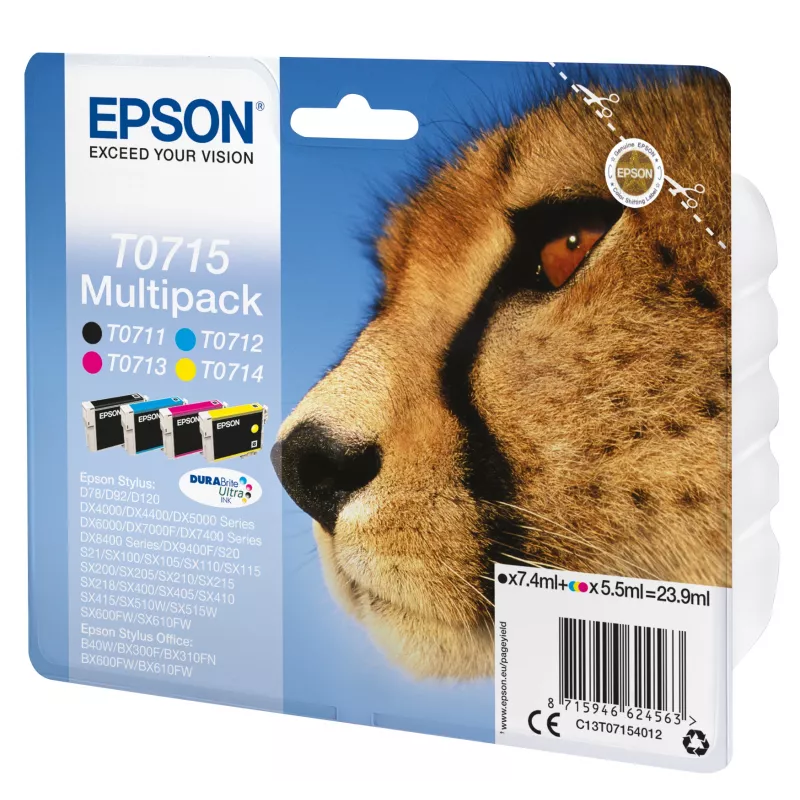 Epson Multipack 4-värvilist T0715 DURABrite Ultra tint, must, tsüaan, magenta, kollane, 7,4 ml, 5,5 ml, 1 tk, mitmikpakend