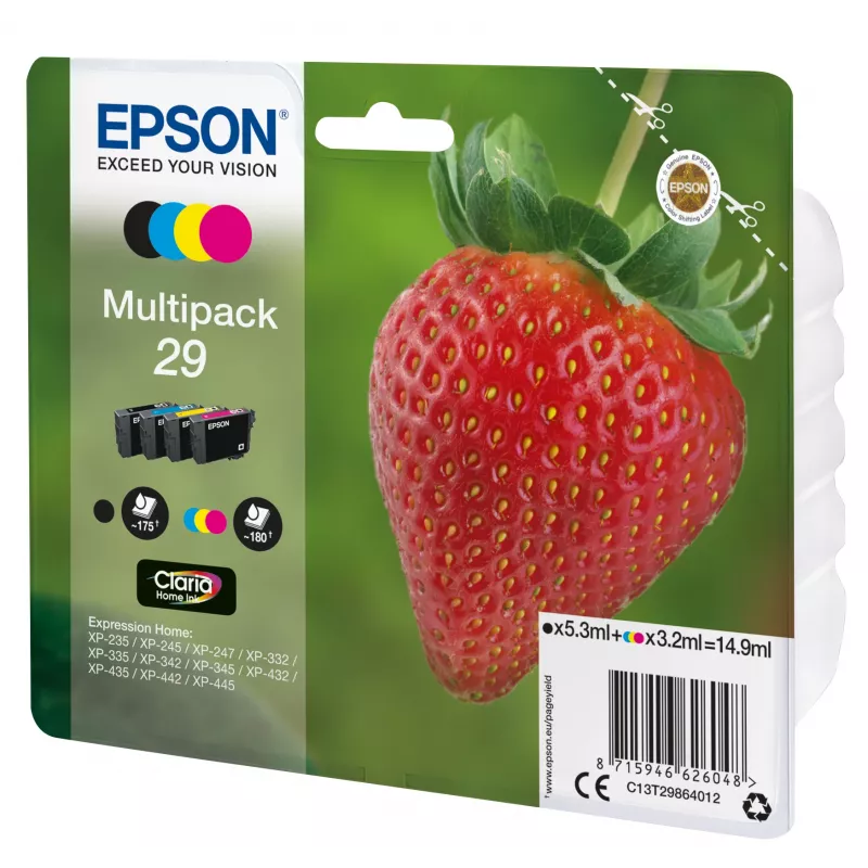 Epson Strawberry hulgipakend 4 värvi 29 Claria Home tint, Must, Tsüaan, magenta, Kollane, 5,3 ml, 3,2 ml, 1 tk, 175 lehekülge, Hulgipakend