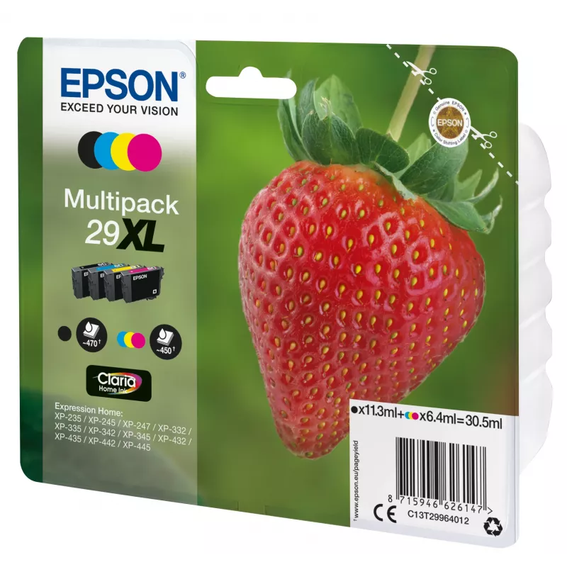 Epson Strawberry mitmikpakend 4 värvi 29XL Claria Home tint, must, tsüaan, magenta, kollane, 11,3 ml, 6,4 ml, 1 tk, 470 lehekülge, mitmikpakend