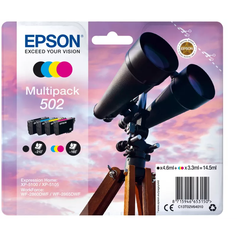 Epson Multipack 4-värvi 502 tint, standardtootlus, must, tsüaan, magenta, kollane, 4,6 ml, 3,3 ml, 1 tk, 210 lehekülge
