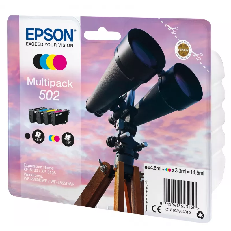 Epson Multipack 4-värvi 502 tint, standardtootlus, must, tsüaan, magenta, kollane, 4,6 ml, 3,3 ml, 1 tk, 210 lehekülge