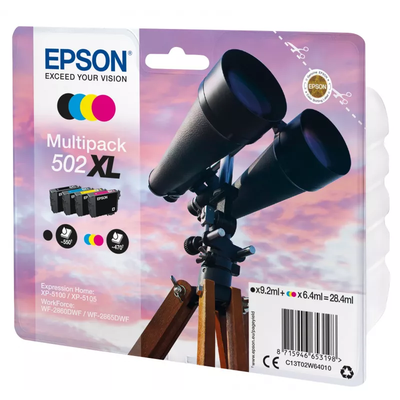 Epsoni mitmikpakend 4-värviline 502XL tint, kõrge (XL) tootlikkus, must, tsüaan, magenta, kollane, pigmendipõhine tint, värvipõhine tint, 9,2 ml, 6,4 ml