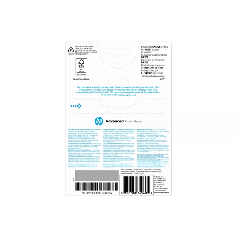 HP Advanced Photo Paper Glossy 250 g/m2 10 x 15 cm (101 x 152 mm) 100 lehte