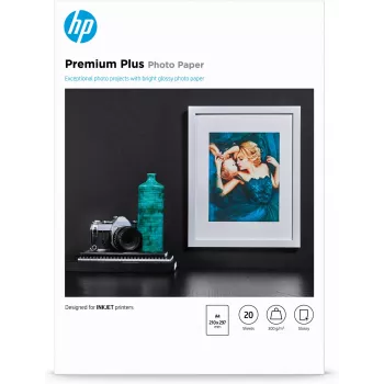 HP Premium Plus läikiv fotopaber – 20 lk / A4 / 210 x 297 mm, läikiv, 300 g/m², laser/tindiprinter, 20 lehte, äri, ettevõtlus, 15 – 35 °C