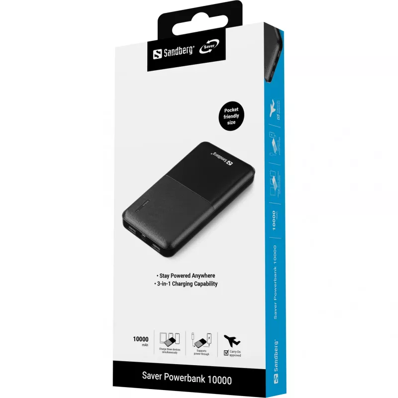 Sandberg Saver Powerbank 10000, 10000 mAh, liitiumpolümeer (LiPo), must