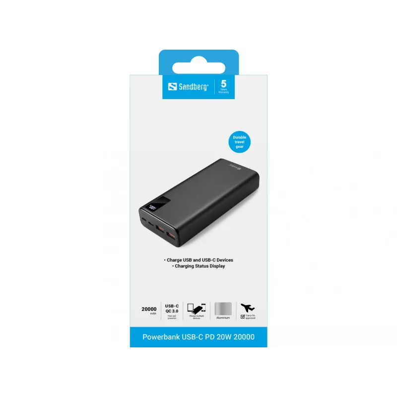 Kaasaskantav aku Sandberg Powerbank USB-C PD 20W 20000, 20000 mAh