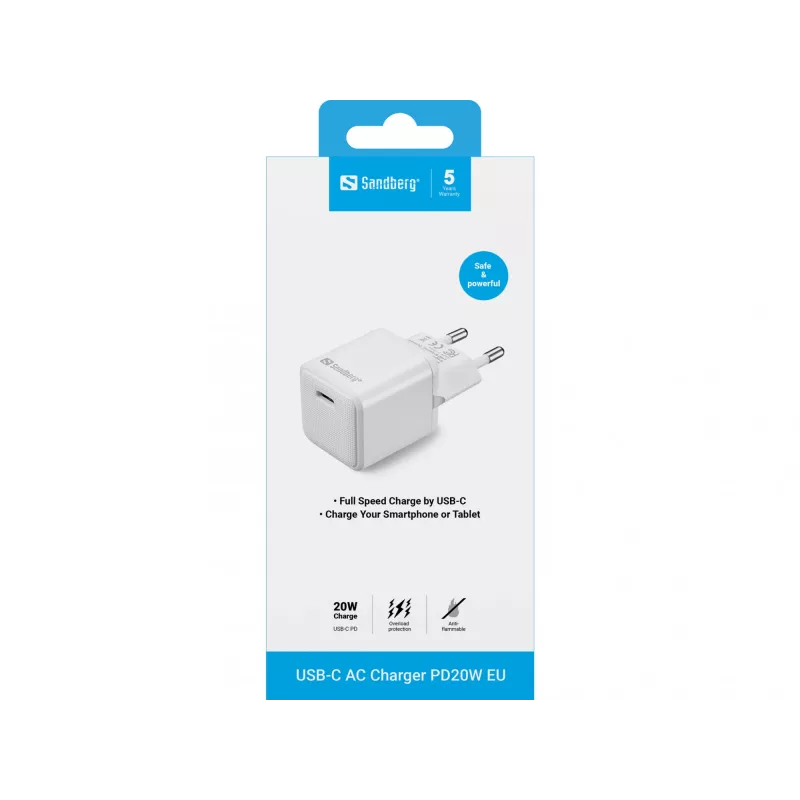 Sandberg USB-C vahelduvvoolulaadur PD20W EU, siseruumides, vahelduvvool, 5 V, 3 A, valge