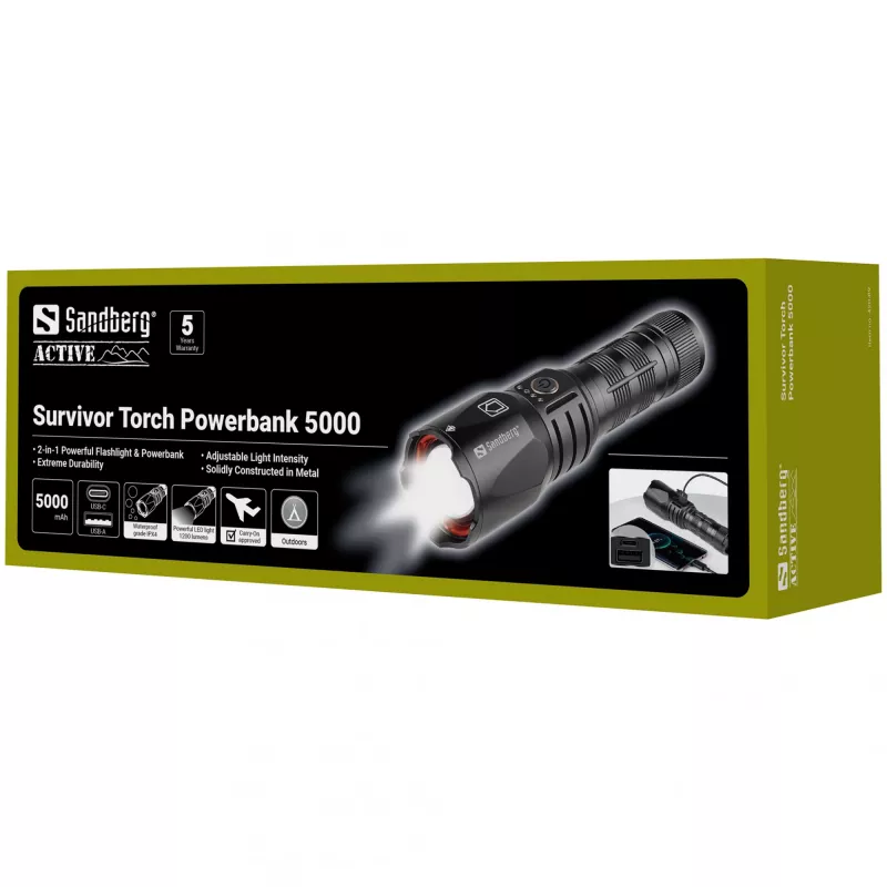 Sandberg Survivor Torch akupank 5000, Käsilamp, Must, Alumiinium, IPX4, -30 - 40 °C, FCC, RoHS, UKCA, CE