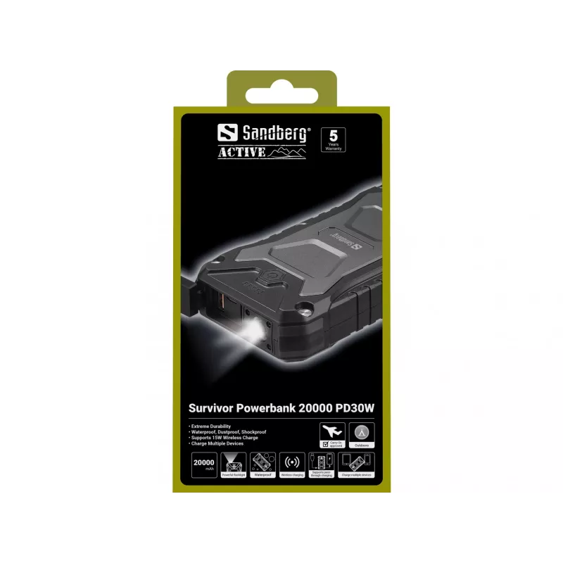 Sandberg Survivor Powerbank 20000 PD30W, 20000 mAh, juhtmevaba laadimine, must