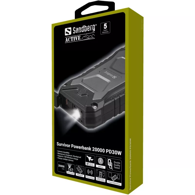 Sandberg Survivor Powerbank 20000 PD30W, 20000 mAh, juhtmevaba laadimine, must