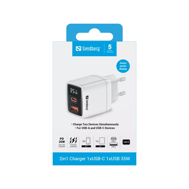 Laadija Sandberg 2in1 1xUSB-C 1xUSB 35W siseruumidesseAC Universaalne