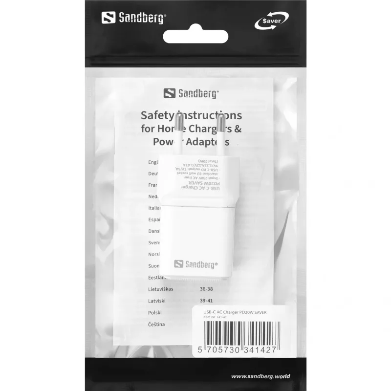 Sandberg USB-C vahelduvvoolulaadija PD20W SAVER, sisetingimustes, vahelduvvool, 12 V, 3 A, valge