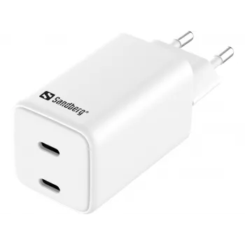 Sandbergi vahelduvvoolu laadija kahe USB-C PD65W EL pistikuga, siseruumides, vahelduvvool, 20 V, 3,25 A, valge