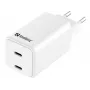 Sandbergi vahelduvvoolu laadija kahe USB-C PD65W EL pistikuga, siseruumides, vahelduvvool, 20 V, 3,25 A, valge