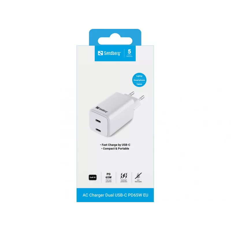 Sandbergi vahelduvvoolu laadija kahe USB-C PD65W EL pistikuga, siseruumides, vahelduvvool, 20 V, 3,25 A, valge