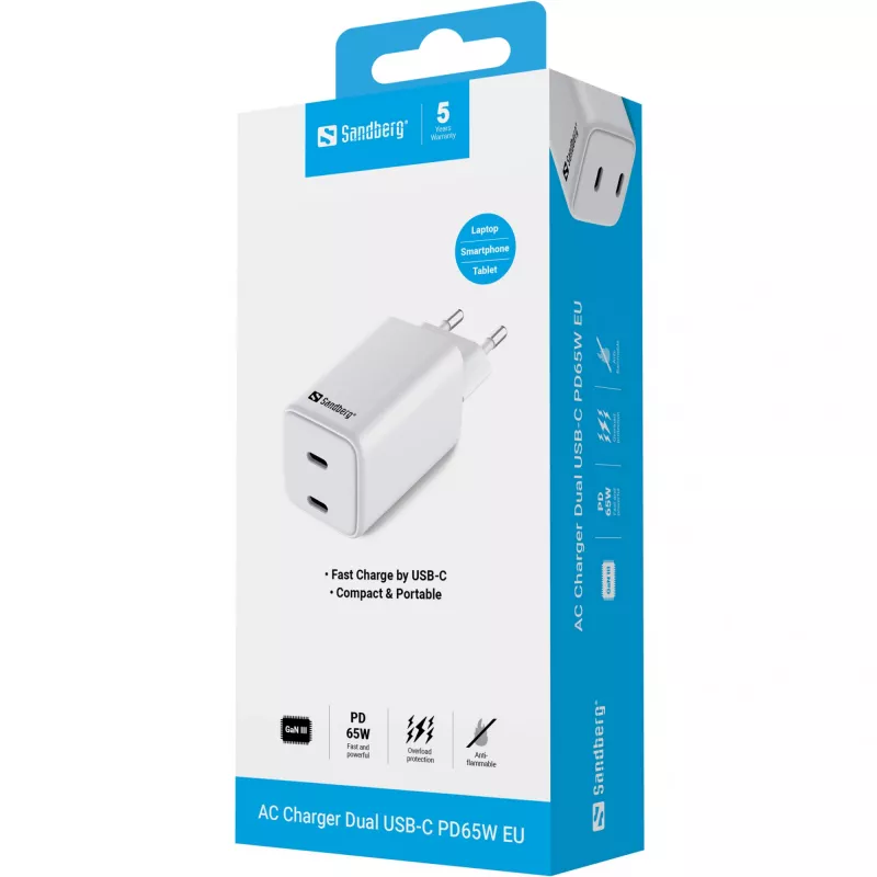 Sandbergi vahelduvvoolu laadija kahe USB-C PD65W EL pistikuga, siseruumides, vahelduvvool, 20 V, 3,25 A, valge