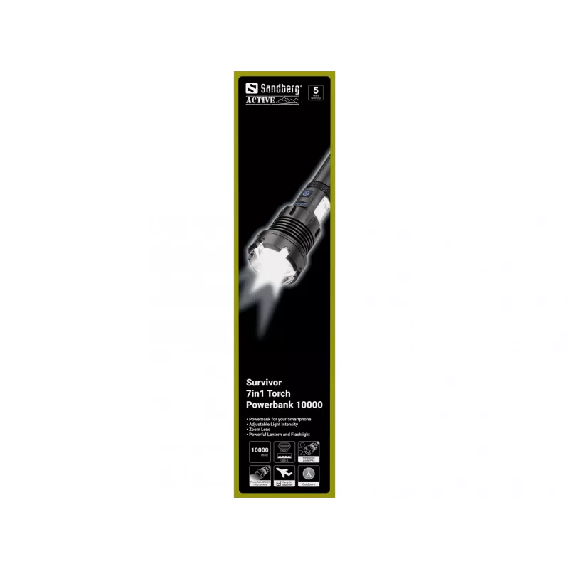 Sandberg Survivor 7in1 Taskulamp Akupank 10000, Käsivalgusti, Must, Alumiinium, LED, 2 lamp(i), 500 lm