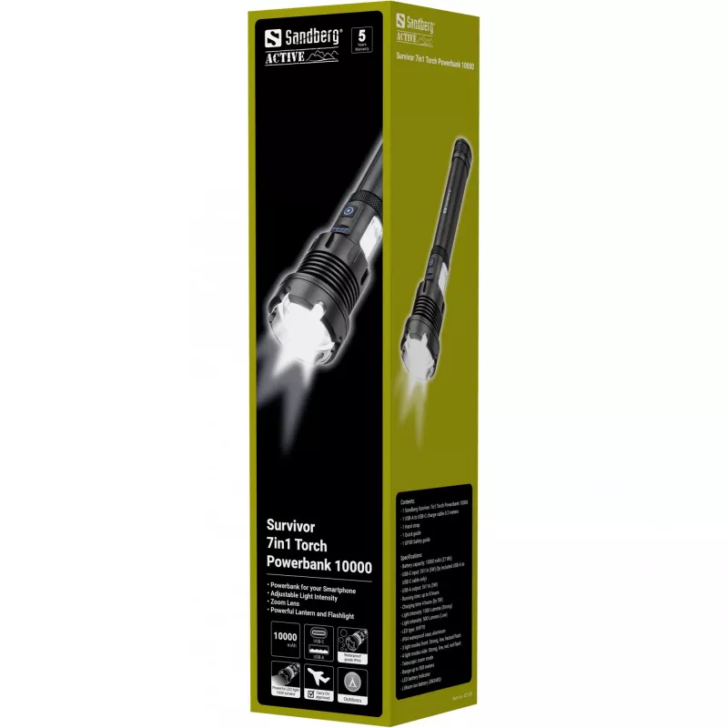Sandberg Survivor 7in1 Taskulamp Akupank 10000, Käsivalgusti, Must, Alumiinium, LED, 2 lamp(i), 500 lm