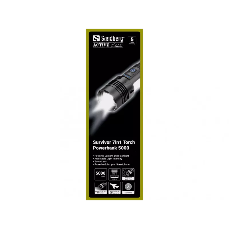 Sandberg Survivor 7in1 Taskulamp Akupank 5000, Käsitaskulamp, Must, Alumiinium, LED, 2 tk, 200 lm