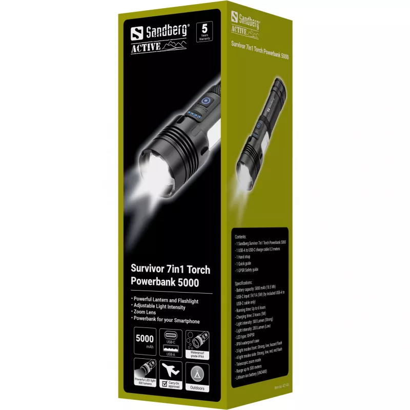 Sandberg Survivor 7in1 Taskulamp Akupank 5000, Käsitaskulamp, Must, Alumiinium, LED, 2 tk, 200 lm