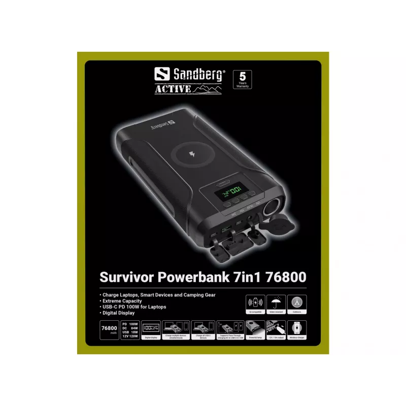 Sandberg Survivor Powerbank 7in1 76800, 76800 mAh, liitiumioon (Li-Ion), juhtmevaba laadimine, 3,6 V, must