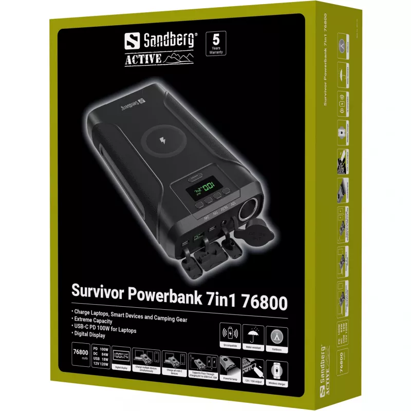Sandberg Survivor Powerbank 7in1 76800, 76800 mAh, liitiumioon (Li-Ion), juhtmevaba laadimine, 3,6 V, must