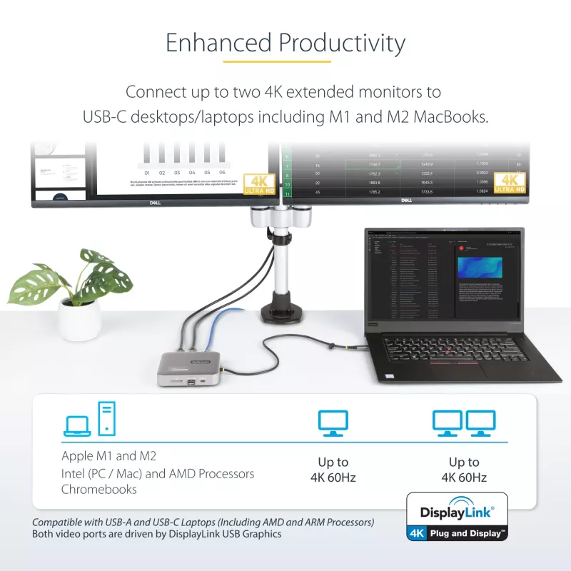StarTech.com USB-C dokkimisjaam, Kahekordne 4K 60Hz HDMI, ühildub Macbook Pro (M1/M2/M3/M4) ja Windowsiga, USB-A/USB-C 10Gbps jaotur, 100W toide, GbE, SD, 56 cm kaabel