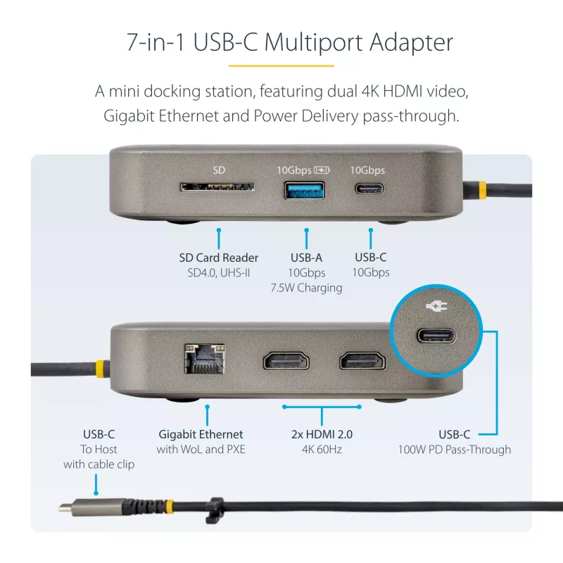 StarTech.com USB-C dokkimisjaam, Kahekordne 4K 60Hz HDMI, ühildub Macbook Pro (M1/M2/M3/M4) ja Windowsiga, USB-A/USB-C 10Gbps jaotur, 100W toide, GbE, SD, 56 cm kaabel