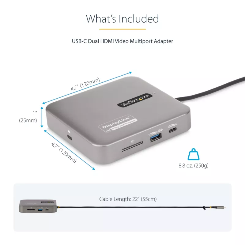 StarTech.com USB-C dokkimisjaam, Kahekordne 4K 60Hz HDMI, ühildub Macbook Pro (M1/M2/M3/M4) ja Windowsiga, USB-A/USB-C 10Gbps jaotur, 100W toide, GbE, SD, 56 cm kaabel