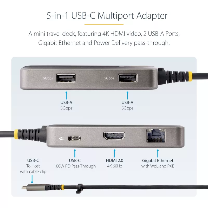 StarTech.com USB-C mitmeportadapter - 4K 60Hz HDMI - HDR - 2-pordiline 5Gbps USB 3.0 jaotur - 100W toiteedastus läbipääsuga - GbE - Works with Chromebook sertifitseeritud - Windows/macOS