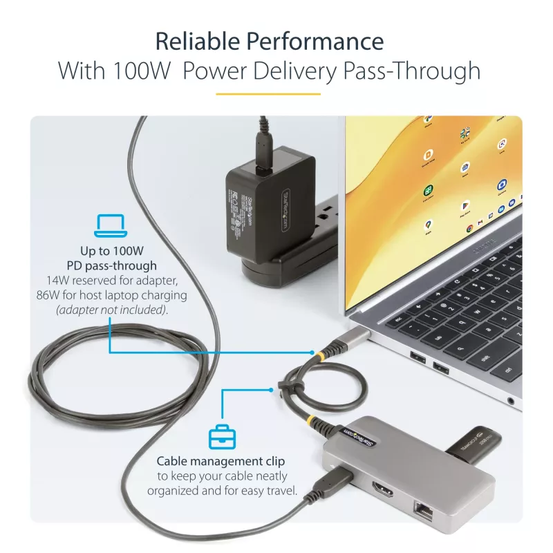 StarTech.com USB-C mitmeportadapter - 4K 60Hz HDMI - HDR - 2-pordiline 5Gbps USB 3.0 jaotur - 100W toiteedastus läbipääsuga - GbE - Works with Chromebook sertifitseeritud - Windows/macOS