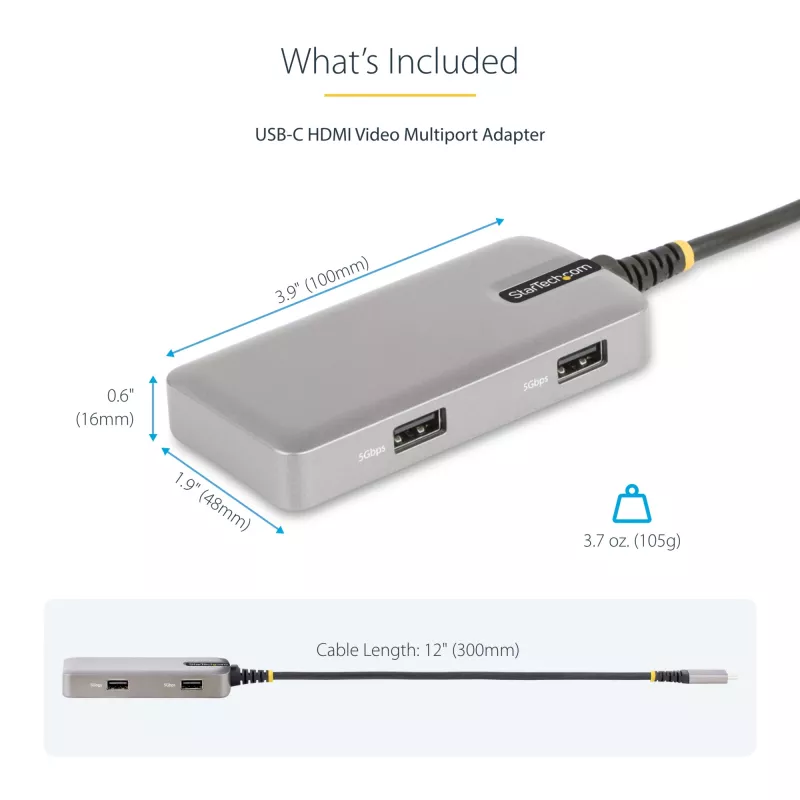 StarTech.com USB-C mitmeportadapter - 4K 60Hz HDMI - HDR - 2-pordiline 5Gbps USB 3.0 jaotur - 100W toiteedastus läbipääsuga - GbE - Works with Chromebook sertifitseeritud - Windows/macOS