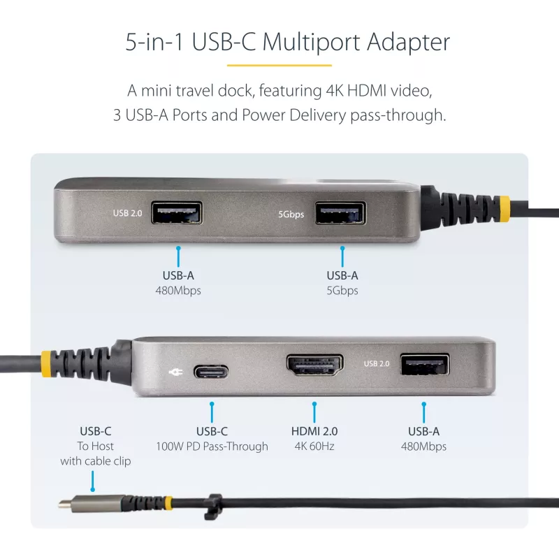 StarTech.com USB-C mitmepordiadapter – 4K 60Hz HDMI koos HDR-iga – 3-pordiline USB-jaotur – 100W läbiv toiteedastus – Works With Chromebook sertifitseeritud – Windows/macOS/iPadOS/Android™
