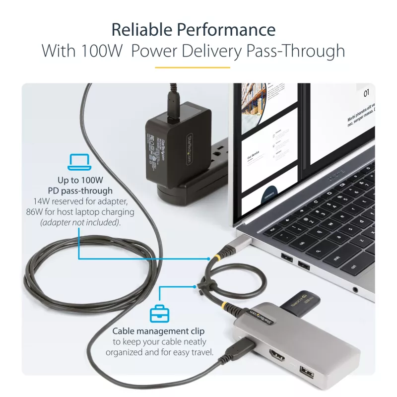 StarTech.com USB-C mitmepordiadapter – 4K 60Hz HDMI koos HDR-iga – 3-pordiline USB-jaotur – 100W läbiv toiteedastus – Works With Chromebook sertifitseeritud – Windows/macOS/iPadOS/Android™