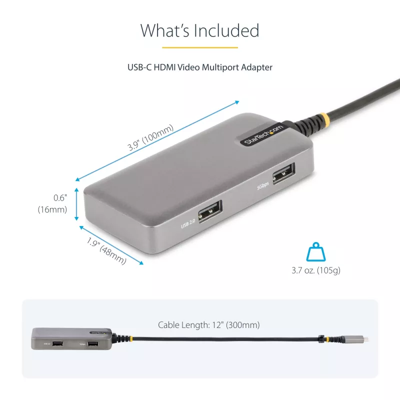StarTech.com USB-C mitmepordiadapter – 4K 60Hz HDMI koos HDR-iga – 3-pordiline USB-jaotur – 100W läbiv toiteedastus – Works With Chromebook sertifitseeritud – Windows/macOS/iPadOS/Android™