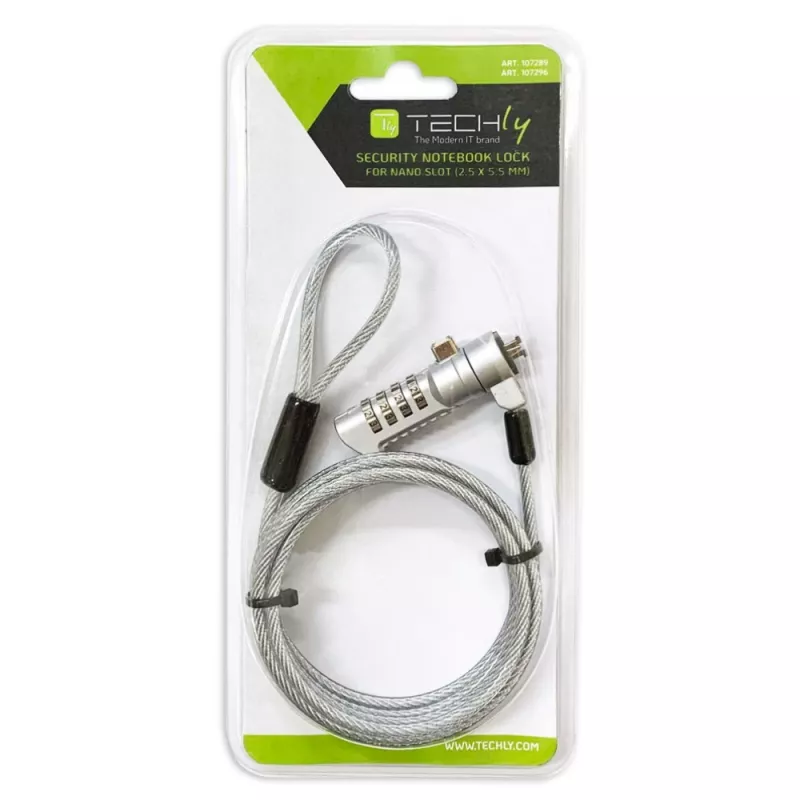 Techly Combination Notebook Security Padlock for Nano Slot, 1.8 m, Kombinatsioonilukk, Metall, Teras, Hõbedane