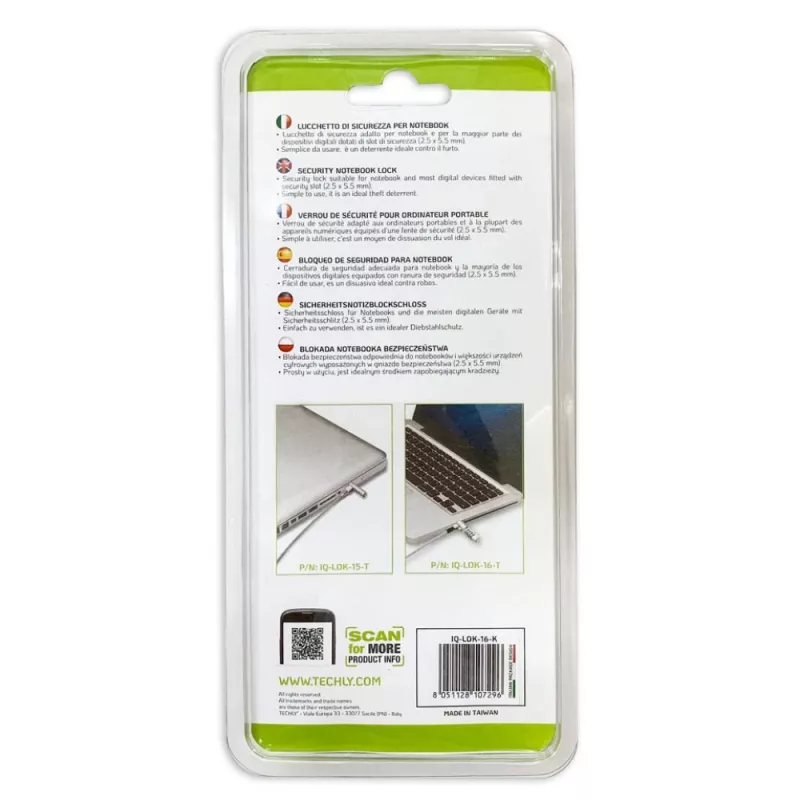 Techly Combination Notebook Security Padlock for Nano Slot, 1.8 m, Kombinatsioonilukk, Metall, Teras, Hõbedane