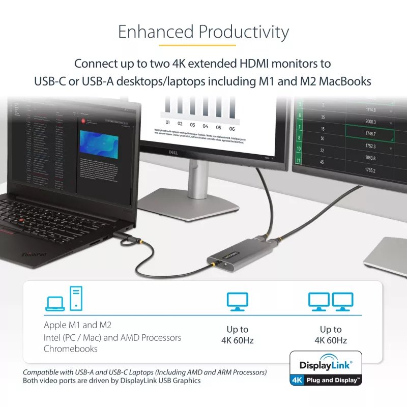 StarTech.com USB-C–kahe HDMI-adapter – USB-C või A kaheks HDMI-ks – 4K 60 Hz – 100 W toiteedastus läbi – 30 cm sisseehitatud kaabel – USB–HDMI mitme monitori konverter sülearvutile – TAA