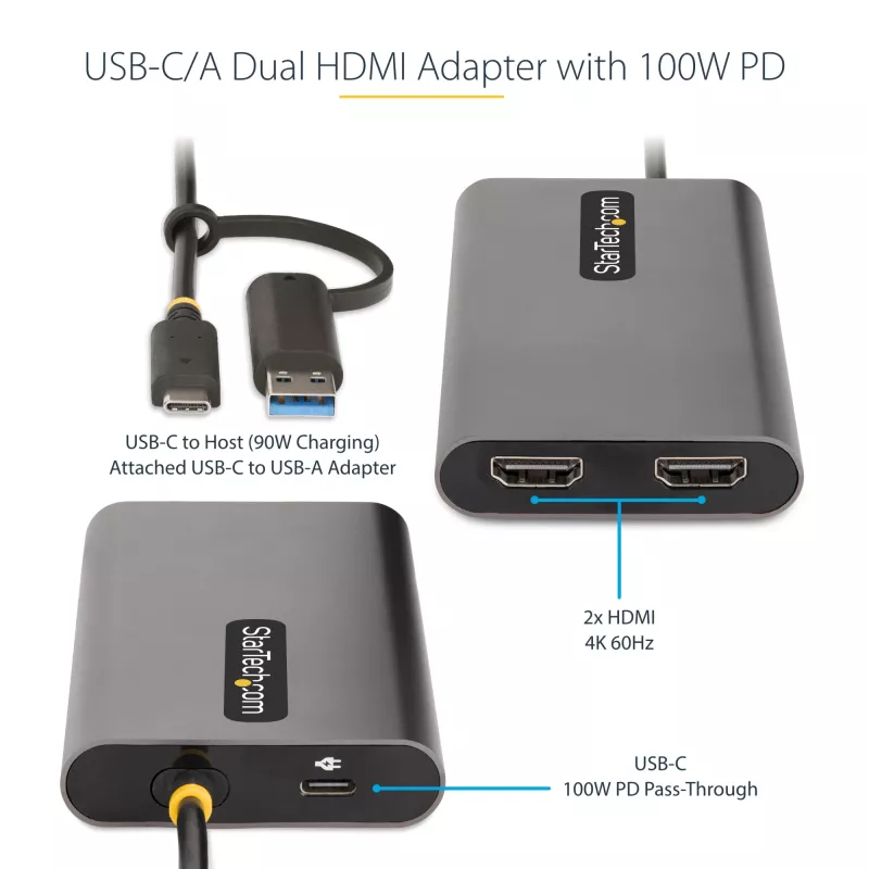 StarTech.com USB-C–kahe HDMI-adapter – USB-C või A kaheks HDMI-ks – 4K 60 Hz – 100 W toiteedastus läbi – 30 cm sisseehitatud kaabel – USB–HDMI mitme monitori konverter sülearvutile – TAA