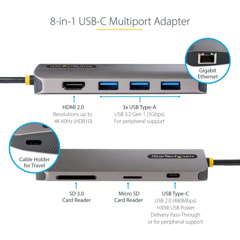 StarTech.com USB C mitmepordiadapter, 4K 60Hz HDMI video, 3 tk 5Gbps USB-A jaotur, 100W USB Power Delivery läbivool/GbE/SD/microSD, 12 inch/30cm kaabel, kaasaskantav sülearvuti dokkimisjaam